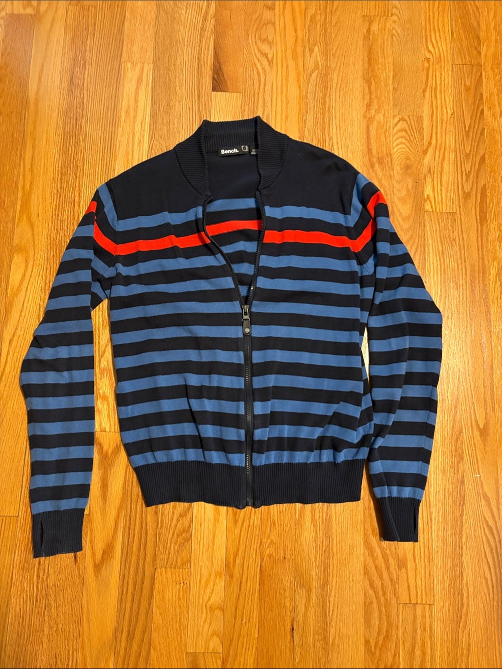Bench Men's Navy & Blue Striped Zip-Up Sweater with Red Stripe
